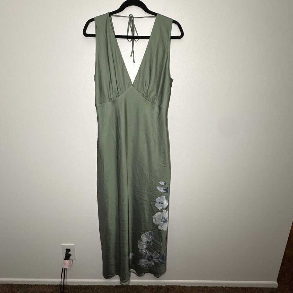 Abercrombie & Fitch Olive Green V-Neck Floral-Accent Maxi Dress Formal